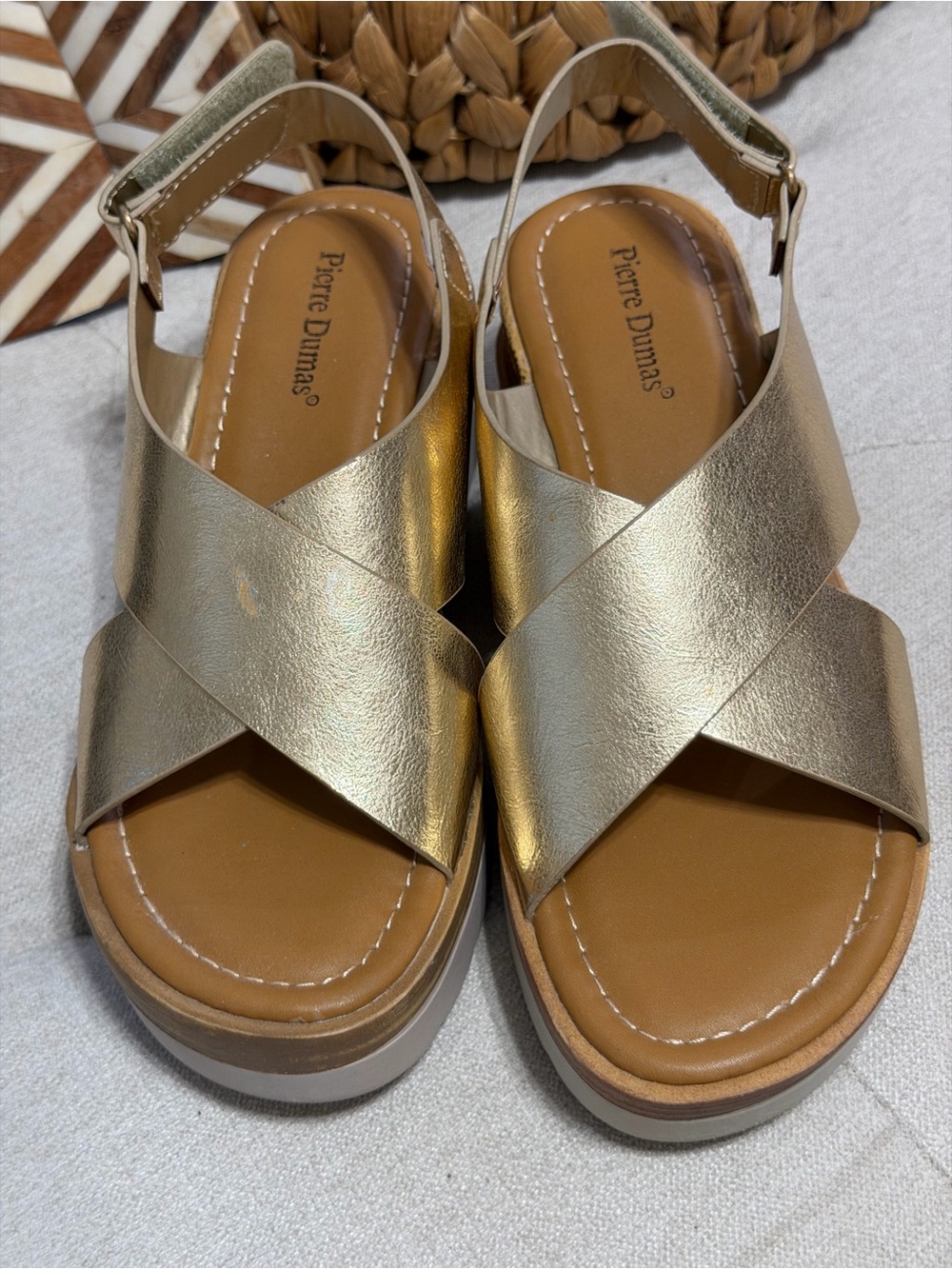 Pierre Dumas Patch-3 Metallic Gold Criss-Cross Platform Wedge Sandals - Size 7